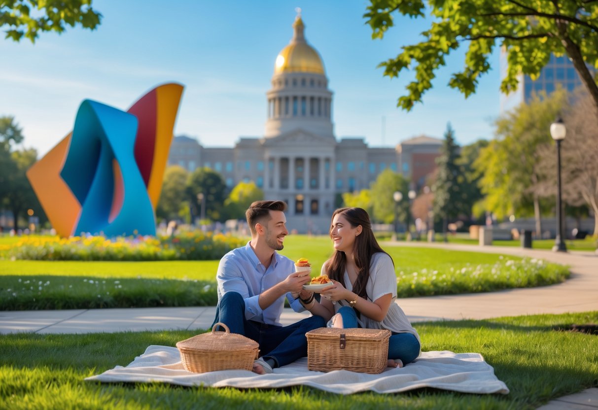 A young couple enjoying a picnic near sculptures and the Iowa State Capitol in Des Moines, Iowa.