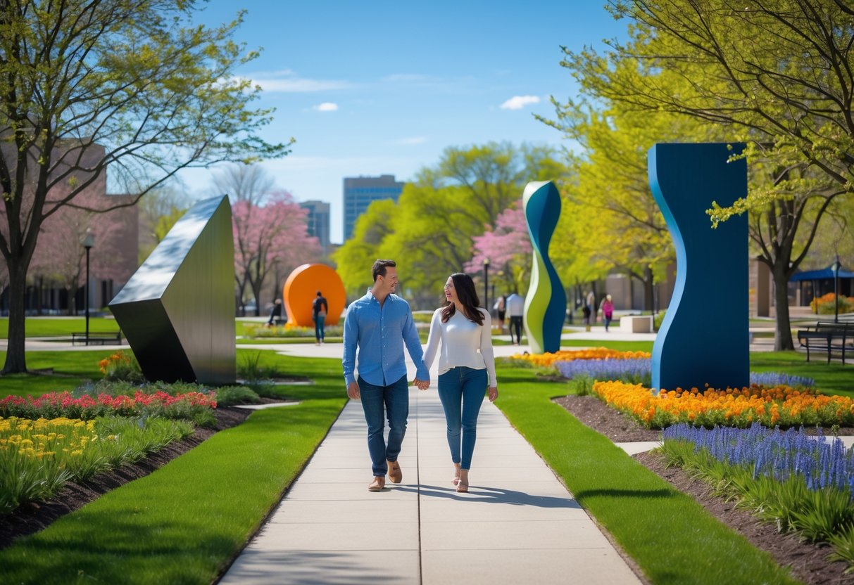 A couple walking hand in hand along a path in a sculpture park surrounded by green grass, flowers, and modern sculptures on a sunny day.