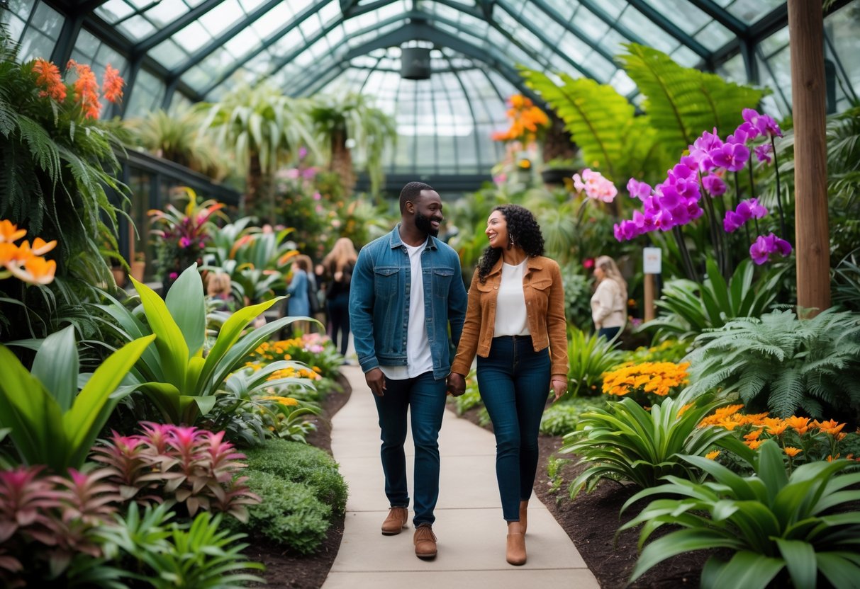 A couple walking hand-in-hand along a garden path surrounded by lush plants and colorful flowers inside a botanical garden.