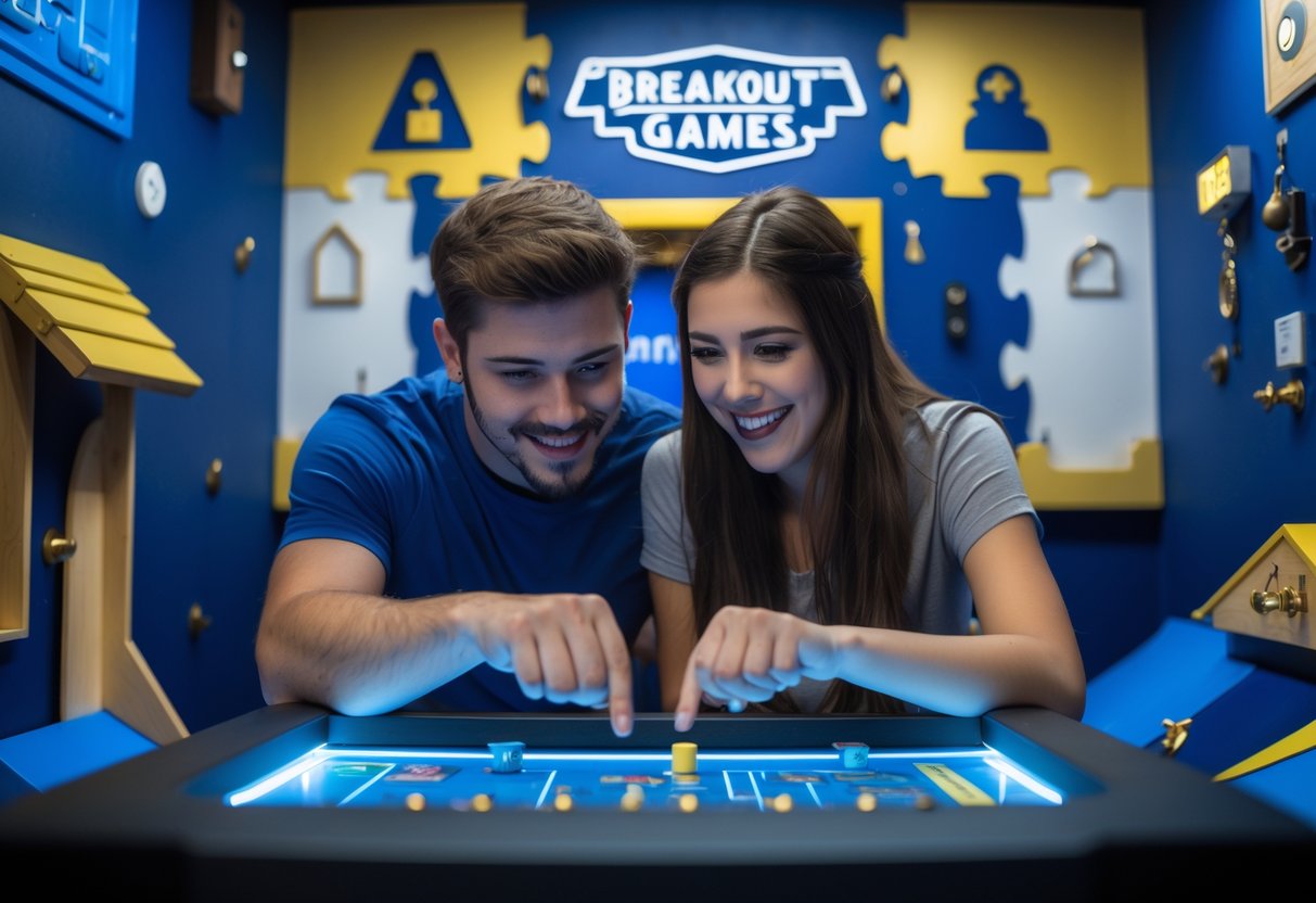 A young couple working together to solve puzzles in an escape room filled with themed props and clues.