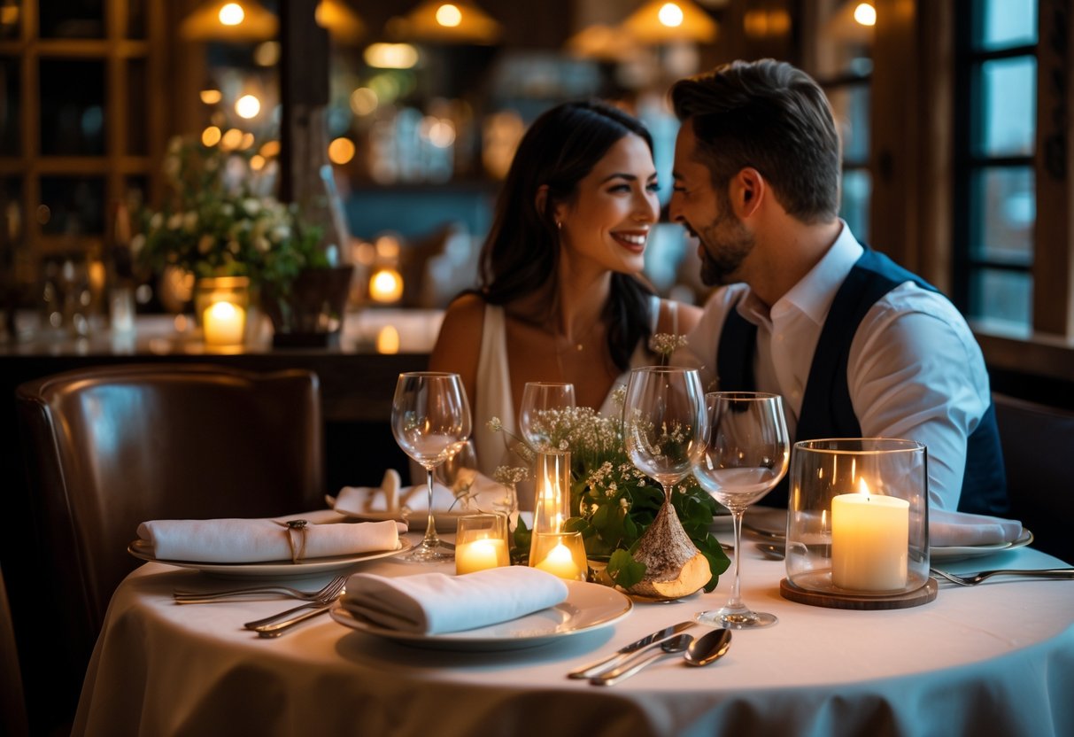 A couple enjoying a romantic dinner at a cozy restaurant with a candlelit table and elegant table setting.