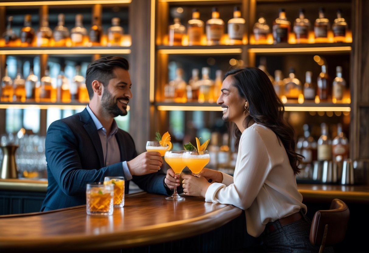 Two people enjoying craft cocktails together at a stylish bar with warm lighting.