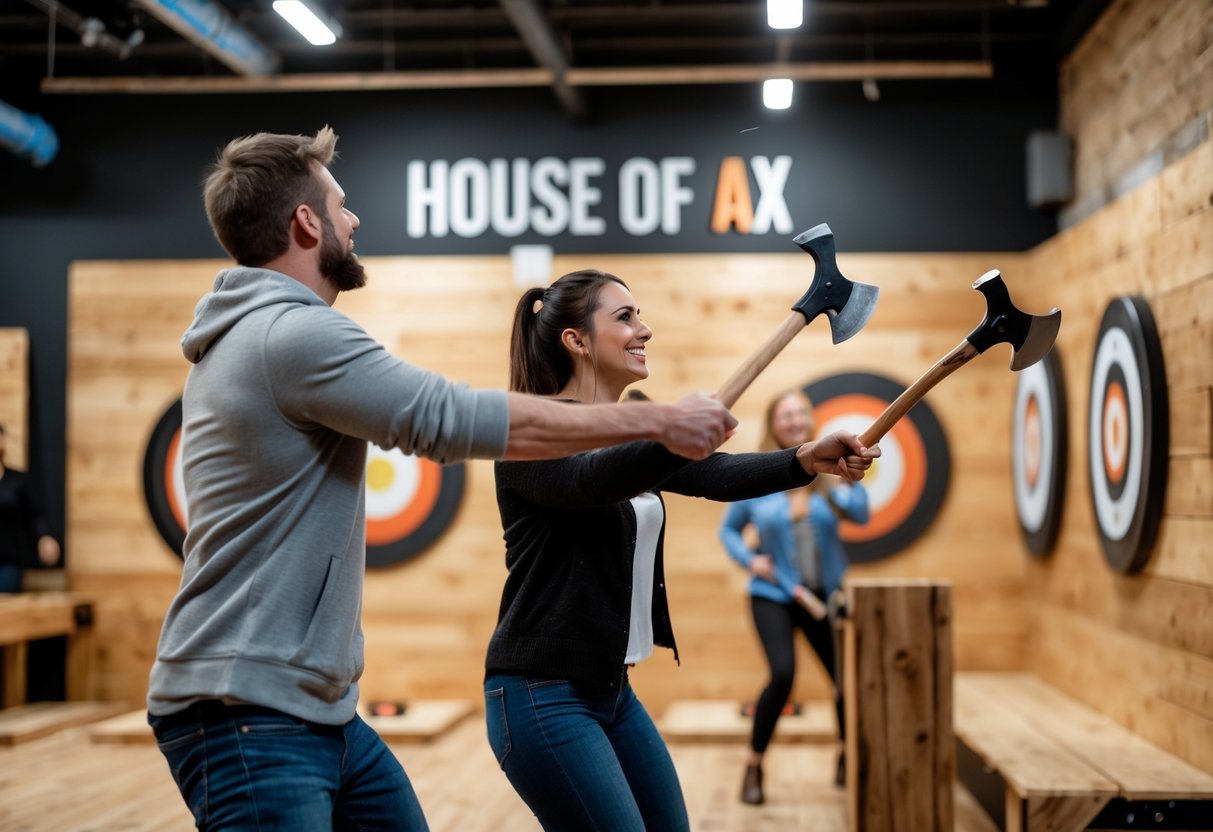 A couple enjoying axe throwing indoors at a recreational venue, with wooden targets and axes in the background.