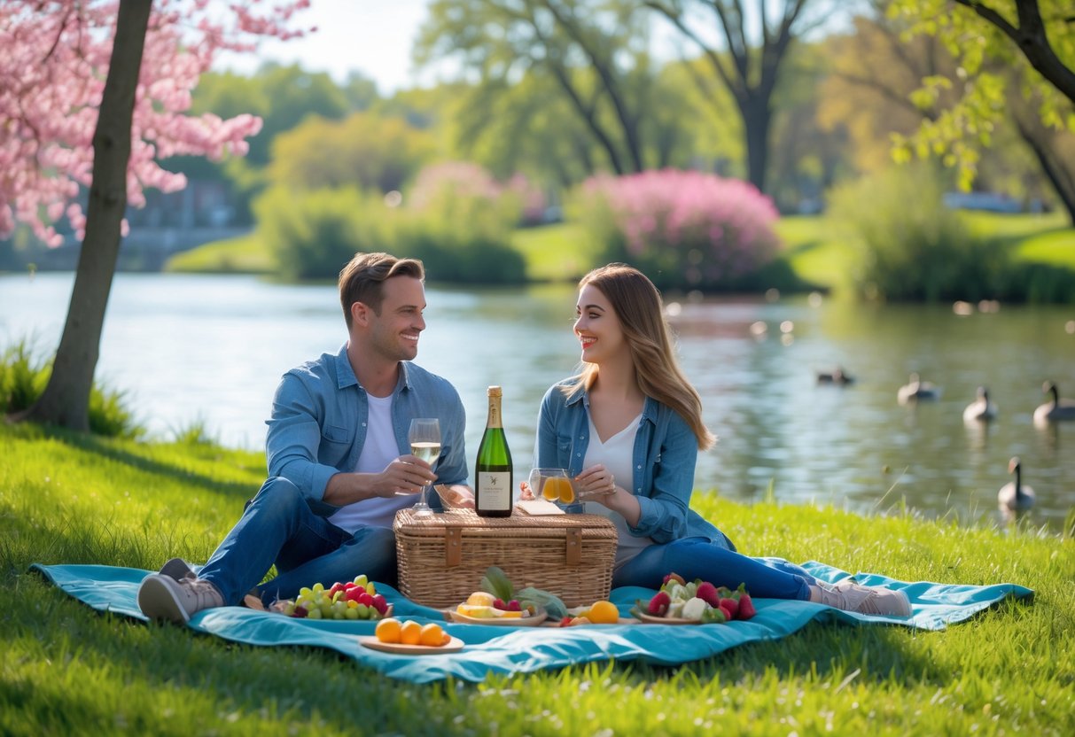 A couple enjoying a picnic on a blanket by a lake surrounded by green trees and flowers.