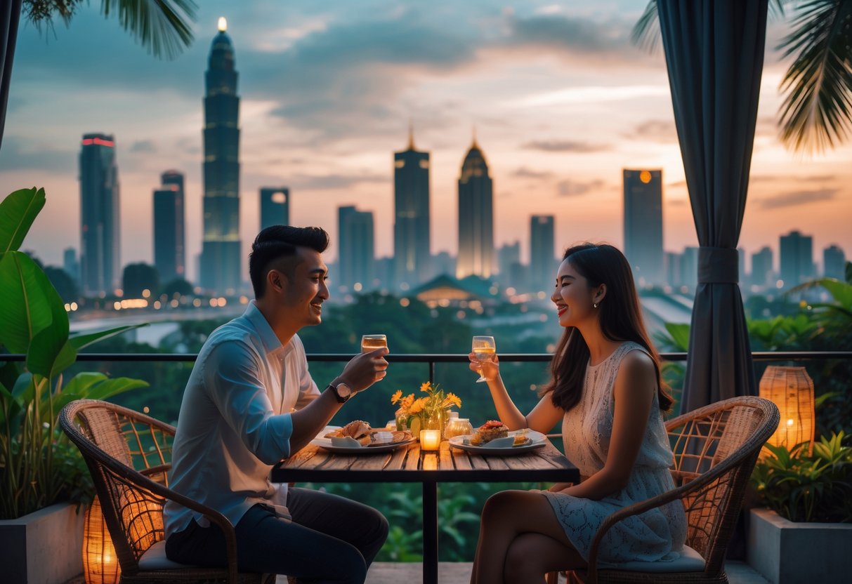 A couple enjoying a romantic outdoor dinner with Jakarta city skyline and National Monument in the background at sunset.