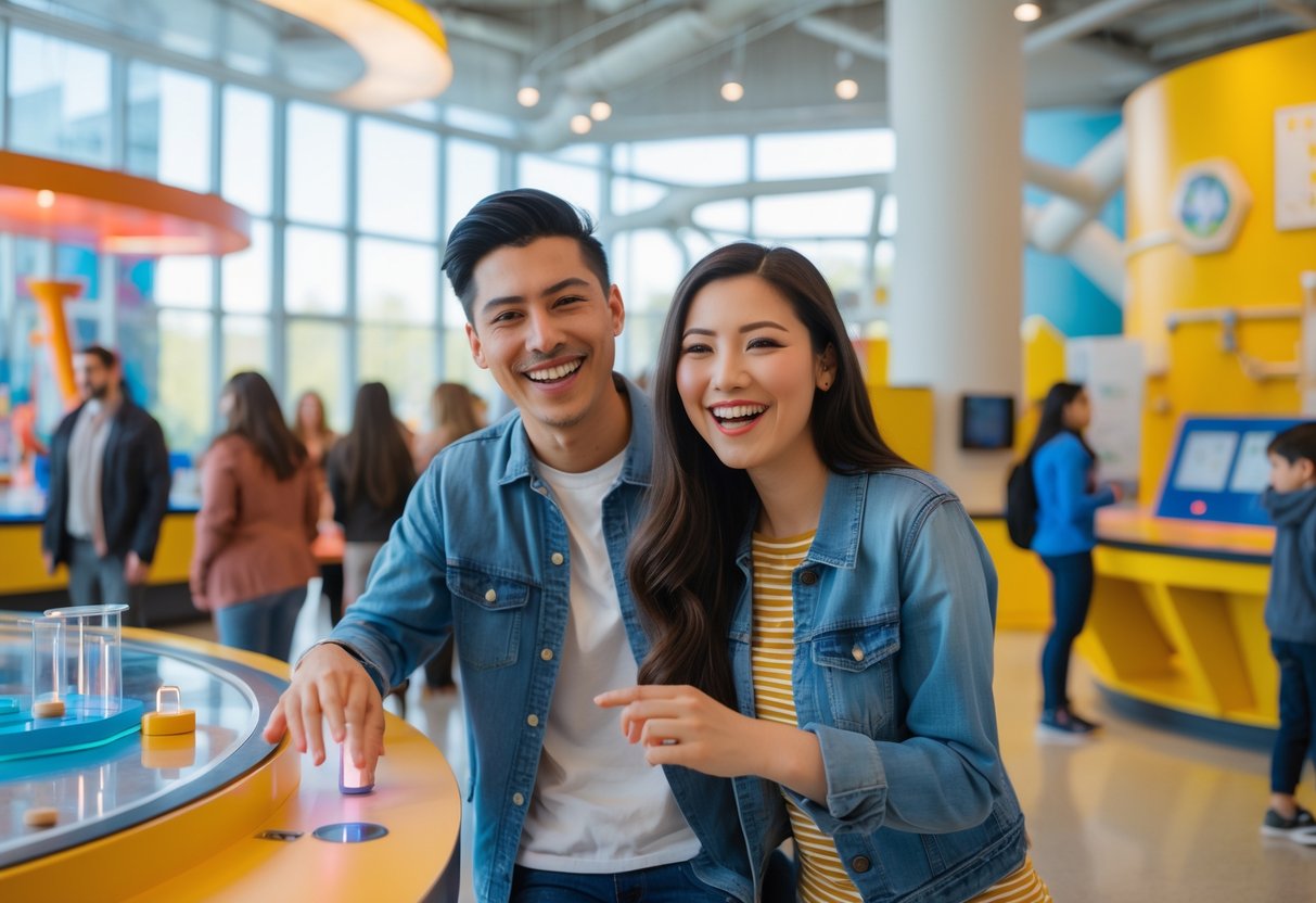 A young couple enjoying interactive science exhibits together inside a modern museum.