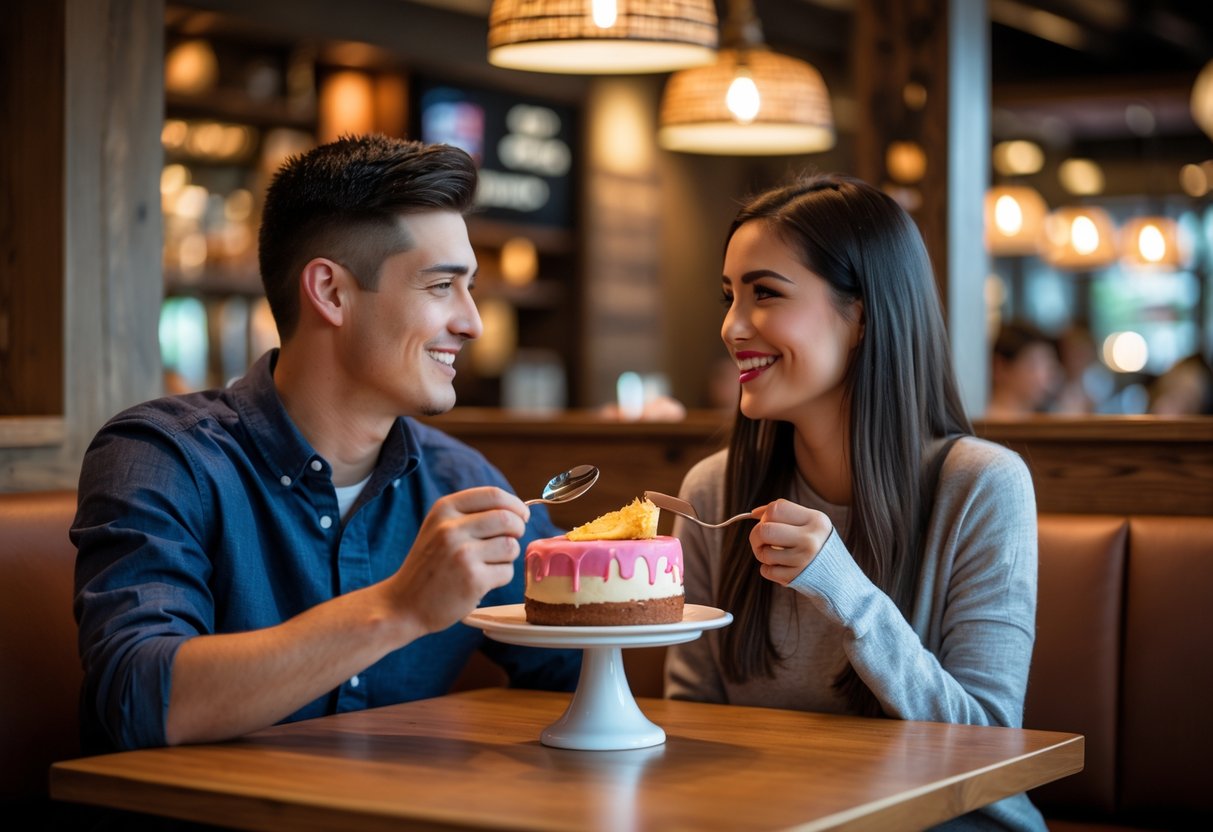 A young couple enjoying dessert together at a cozy table inside a restaurant.