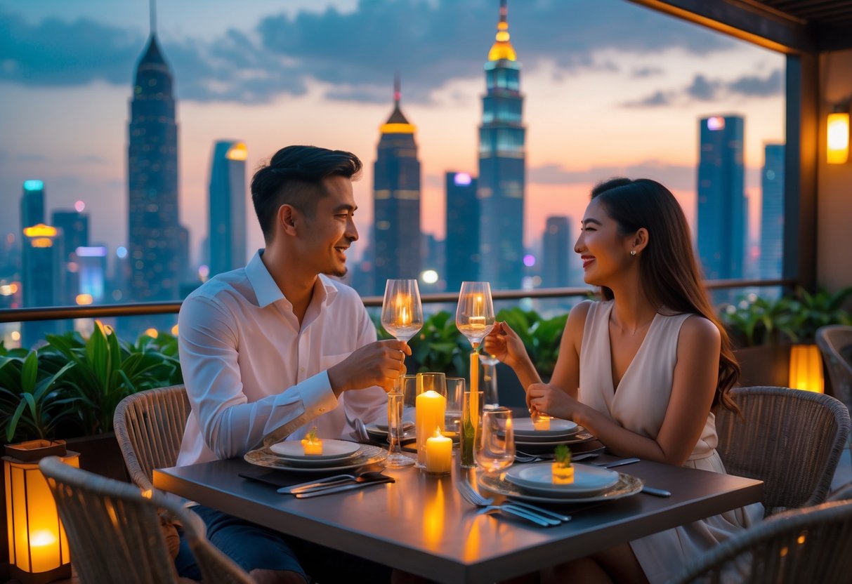 A young couple enjoying a romantic dinner at a rooftop restaurant with the Jakarta city skyline in the background during sunset.