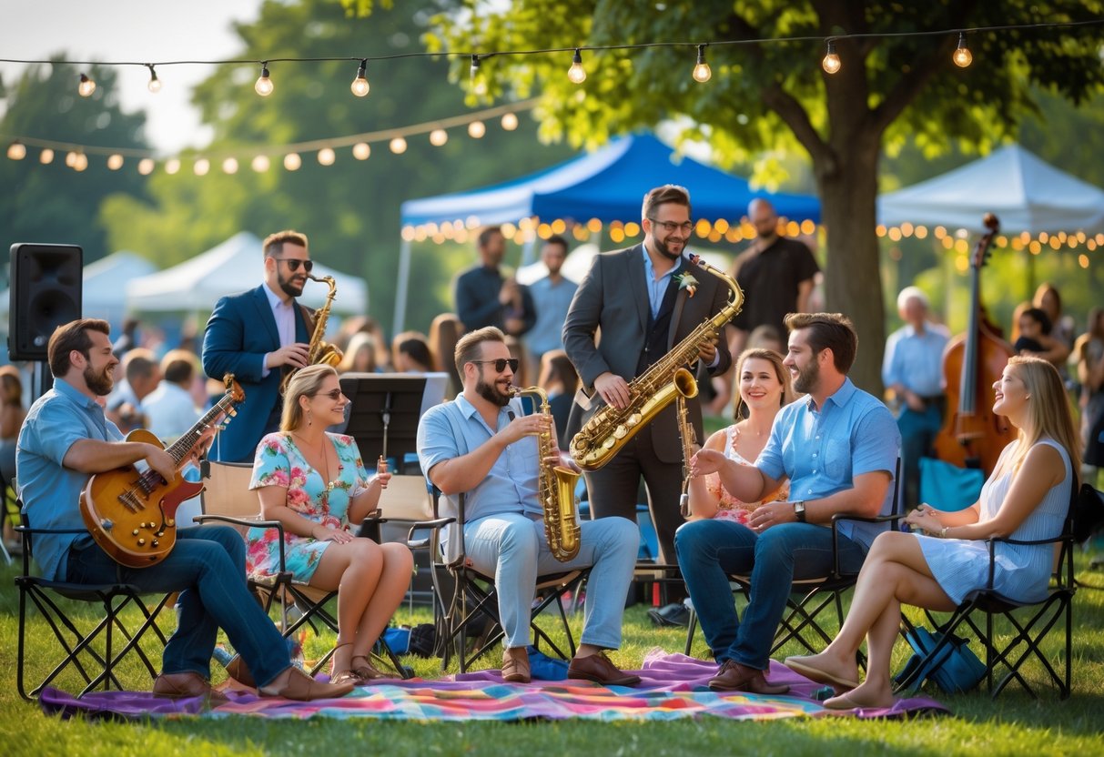 Couples and friends enjoying live jazz music outdoors at a summer festival with musicians playing on stage and people sitting on picnic blankets.