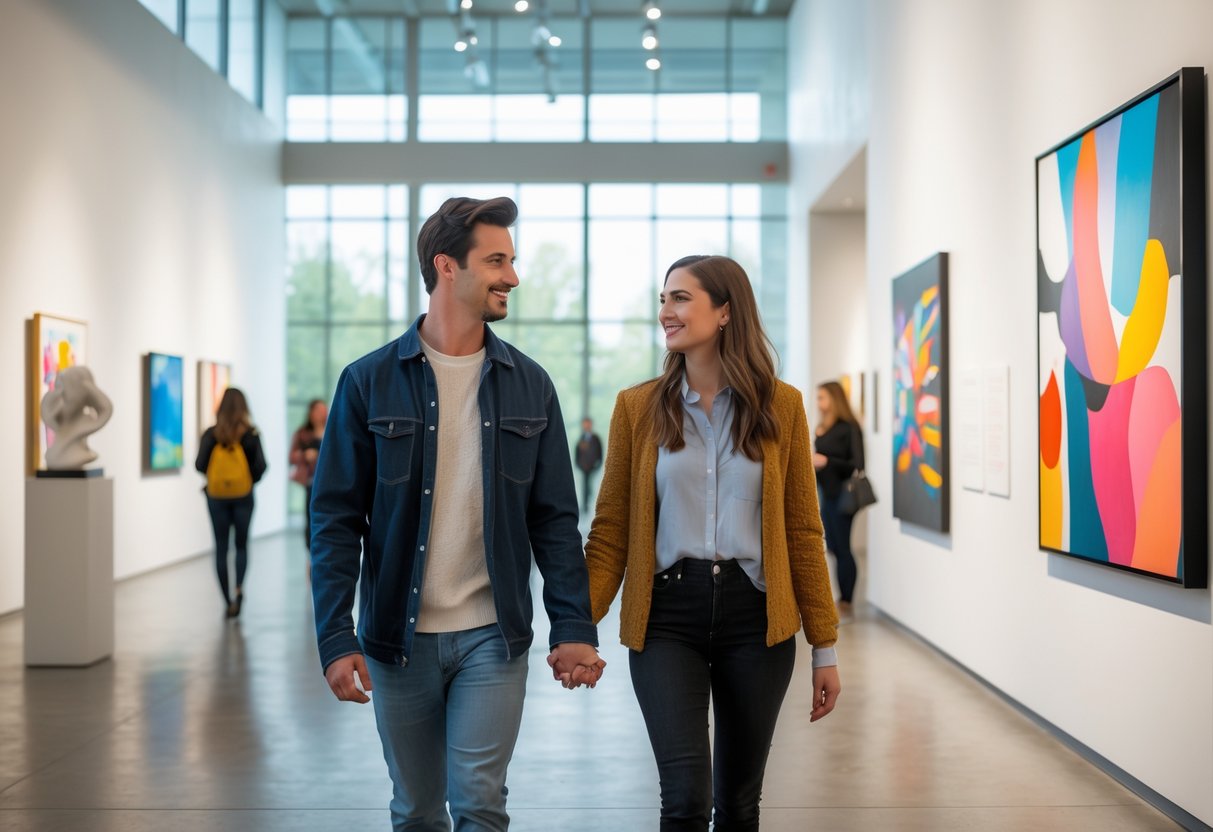 A young couple walking hand in hand inside an art gallery surrounded by sculptures and paintings.