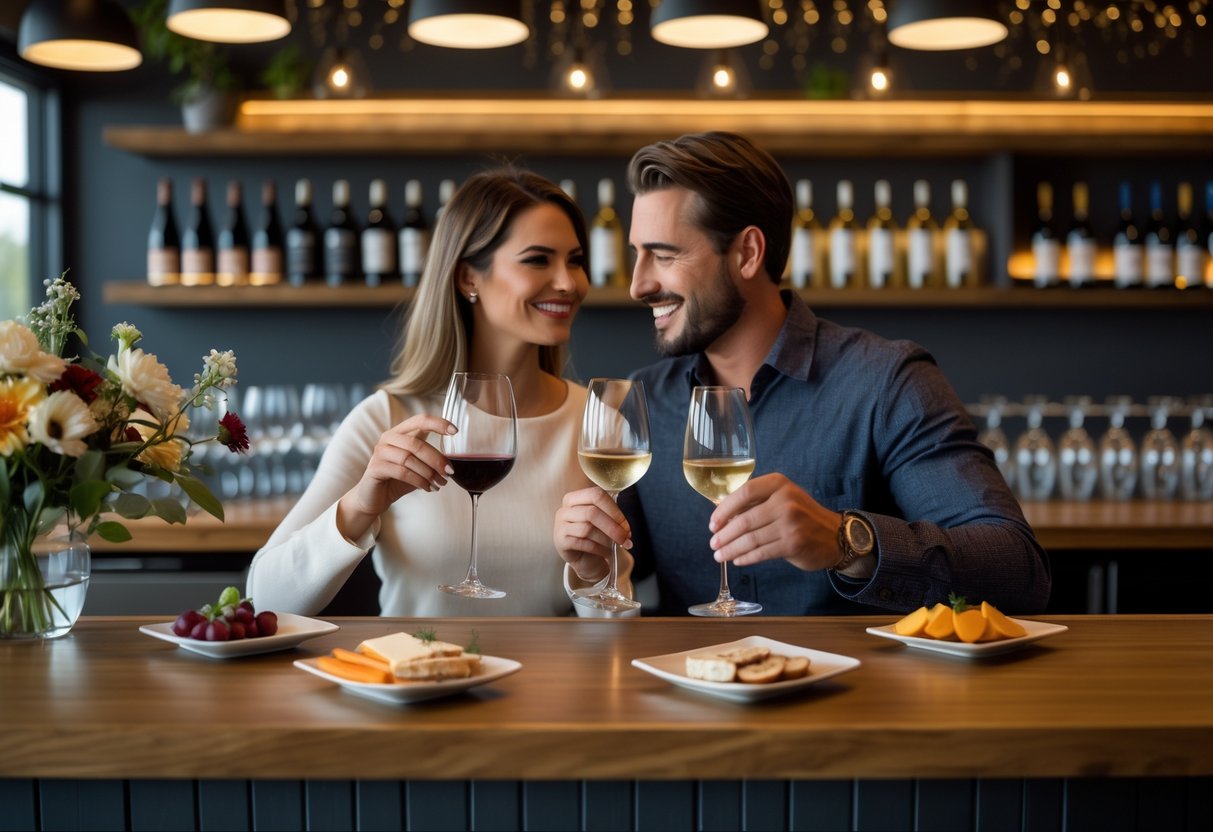 A couple enjoying wine tasting at a cozy wine bar with wine glasses and appetizers on the counter.