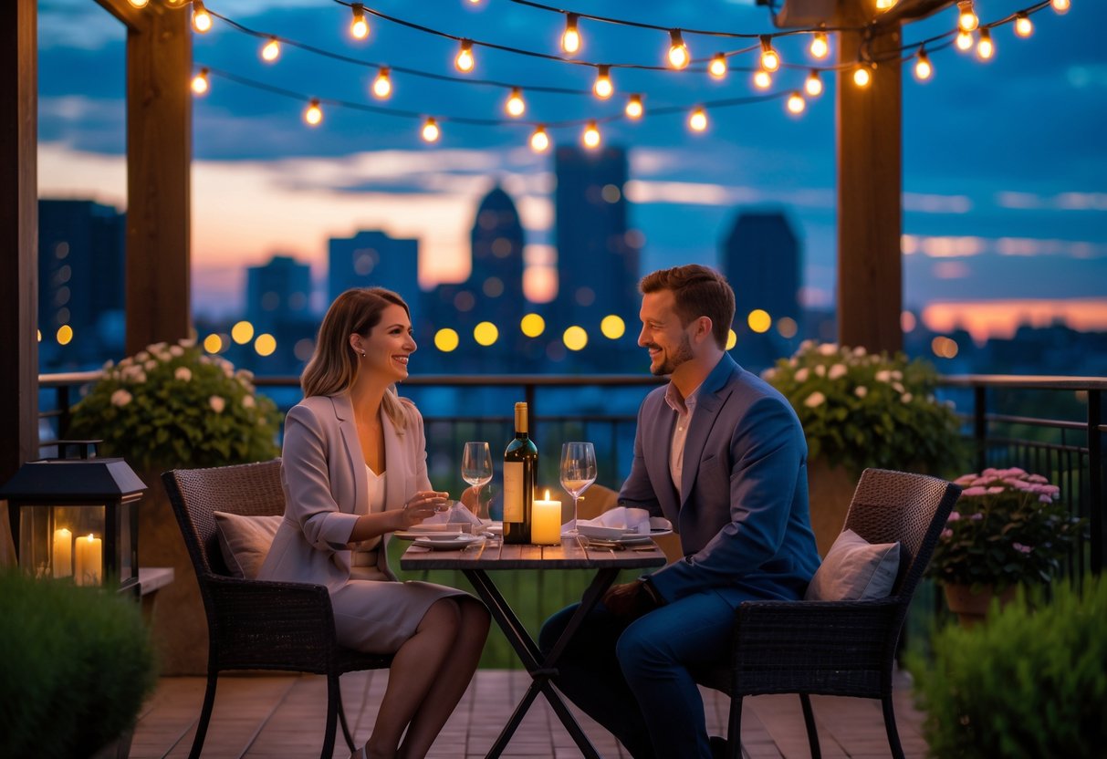 A couple enjoying a romantic outdoor dinner at dusk with the Des Moines skyline in the background.