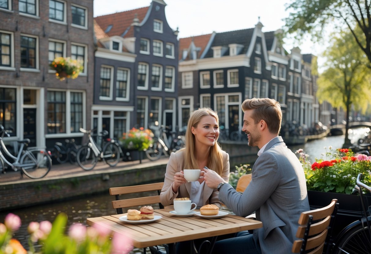 A young couple sitting at an outdoor café by a canal in Den Bosch with historic buildings and bicycles nearby.