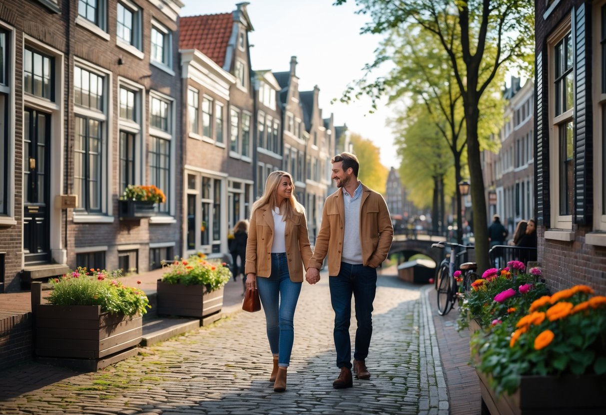 A couple walking hand-in-hand along cobblestone streets in a historic city center with old brick buildings and a canal in the background.