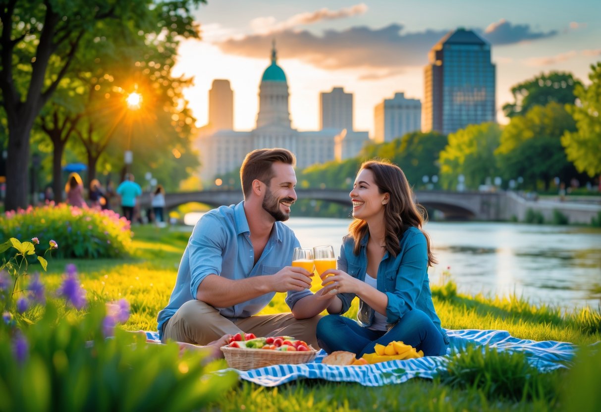 A happy couple sharing a picnic in a green park with the Des Moines skyline in the background during sunset.
