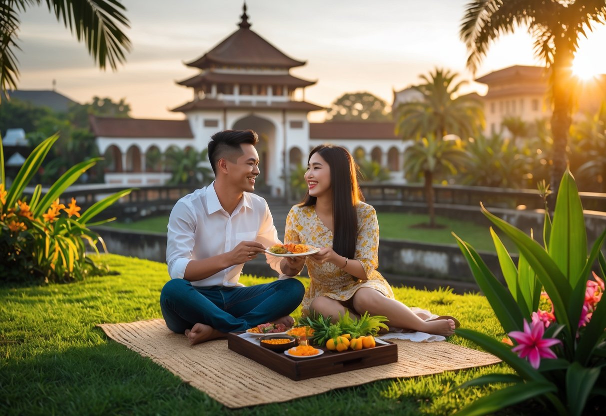 A young couple having a picnic near the historic Lawang Sewu building in Semarang during sunset.