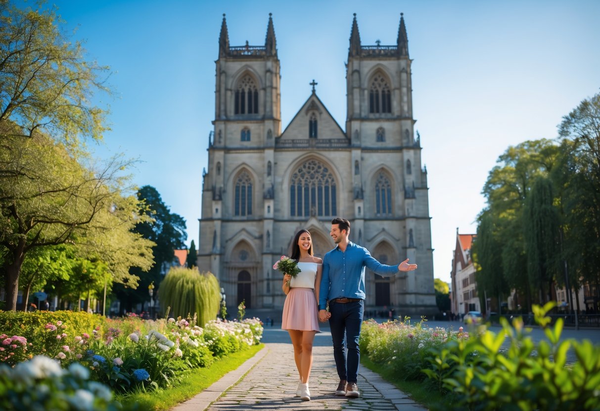 A young couple walking near St. John's Cathedral with its tall towers in the background on a sunny day.