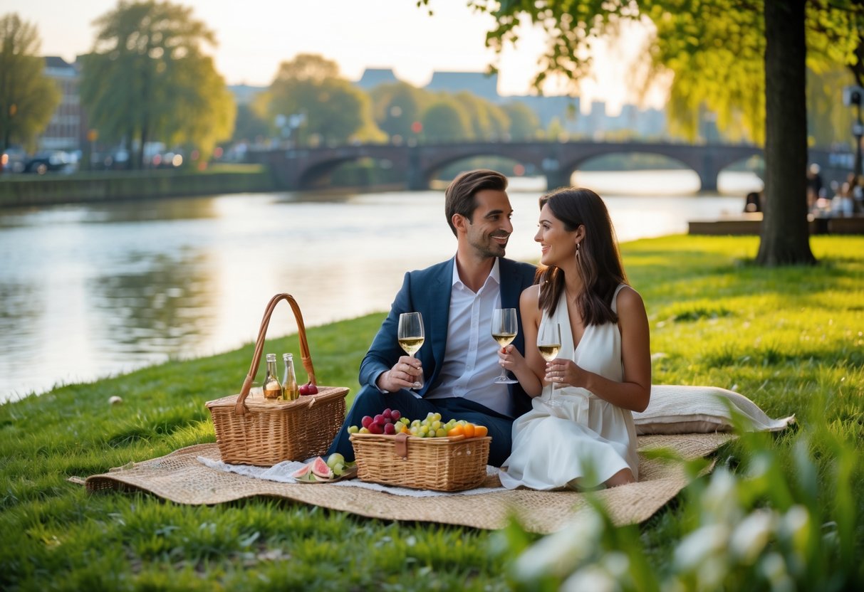 A couple enjoying a picnic on a blanket in a green park overlooking a river with trees and a cityscape in the background.