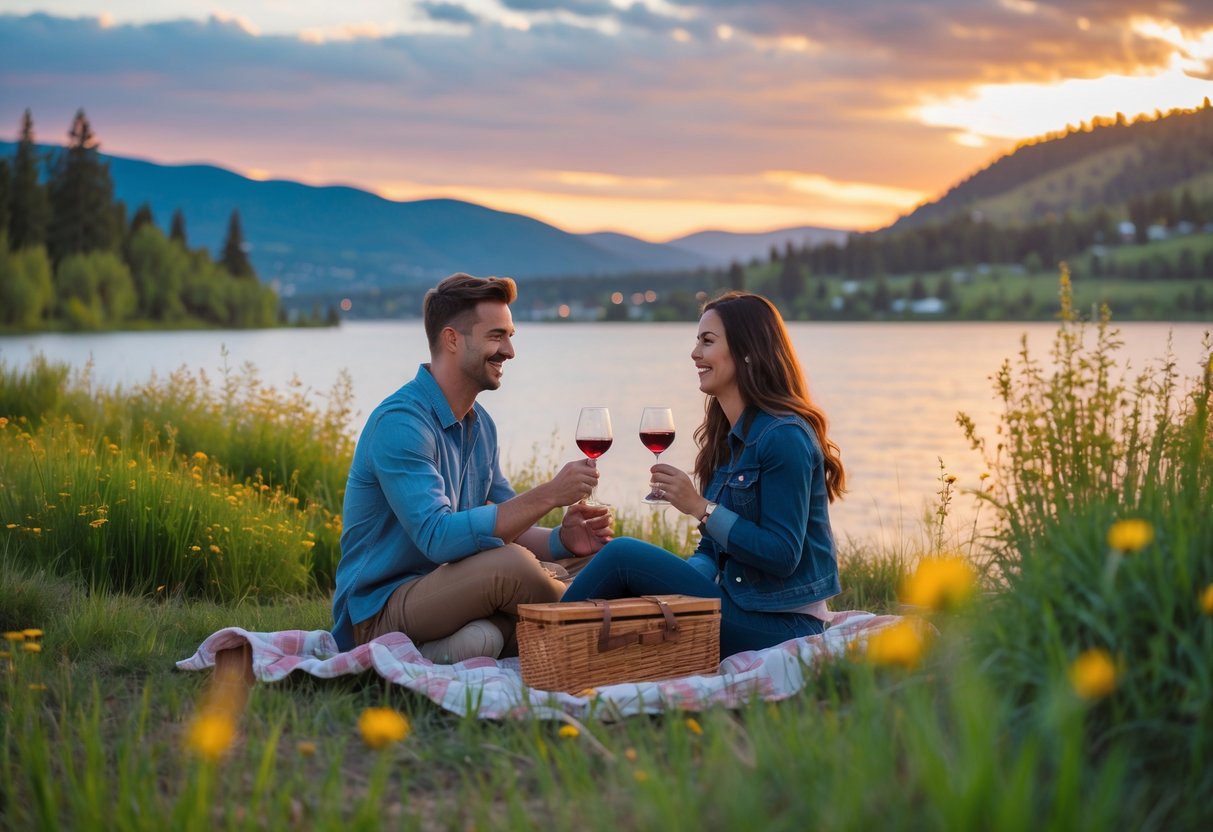 A young couple enjoying a lakeside picnic at sunset with hills and vineyards in the background.