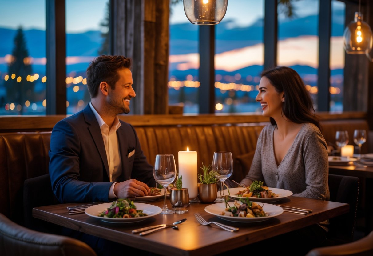 A couple enjoying a romantic dinner for two at a warmly lit restaurant table with plates of food and candles.