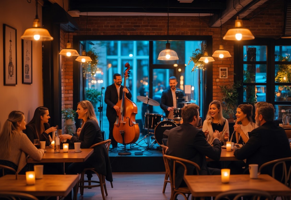 Couples and friends enjoying a live jazz band performing on a small stage inside a cozy café with warm lighting.