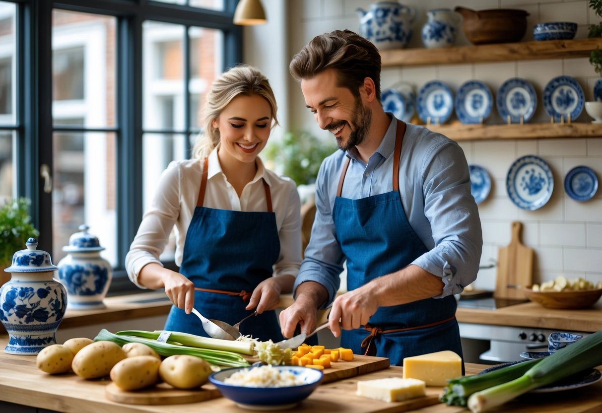 A couple cooking traditional Dutch dishes together in a bright kitchen with fresh ingredients and Dutch ceramics visible.