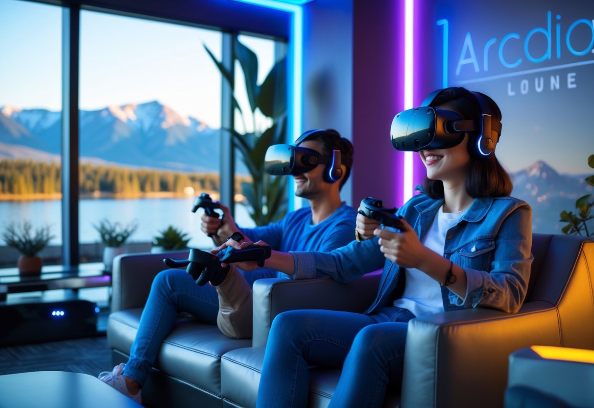 A young couple wearing virtual reality headsets and controllers seated in a modern lounge with colorful lighting and a scenic mountain and lake view through large windows.