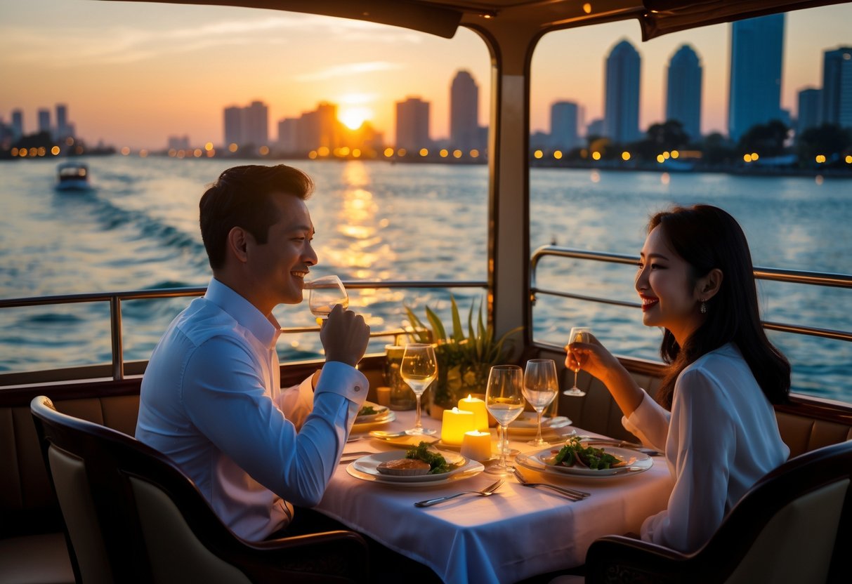 A couple enjoying a romantic dinner on a boat in Semarang Harbor at sunset with the city skyline in the background.