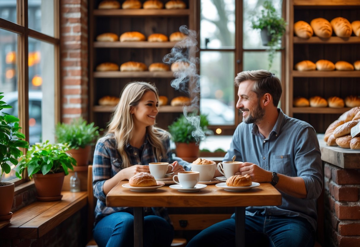 A couple sitting at a small table in a cozy bakery, enjoying coffee and pastries together.
