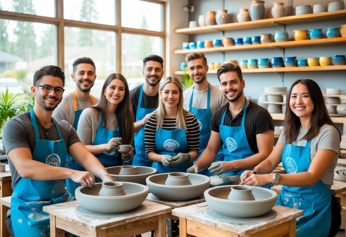 A group of people making pottery together in a bright studio with shelves of ceramics and pottery tools.