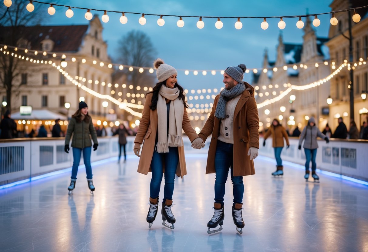 A couple ice skating and holding hands at a busy city square ice rink surrounded by historic buildings and festive lights during winter.