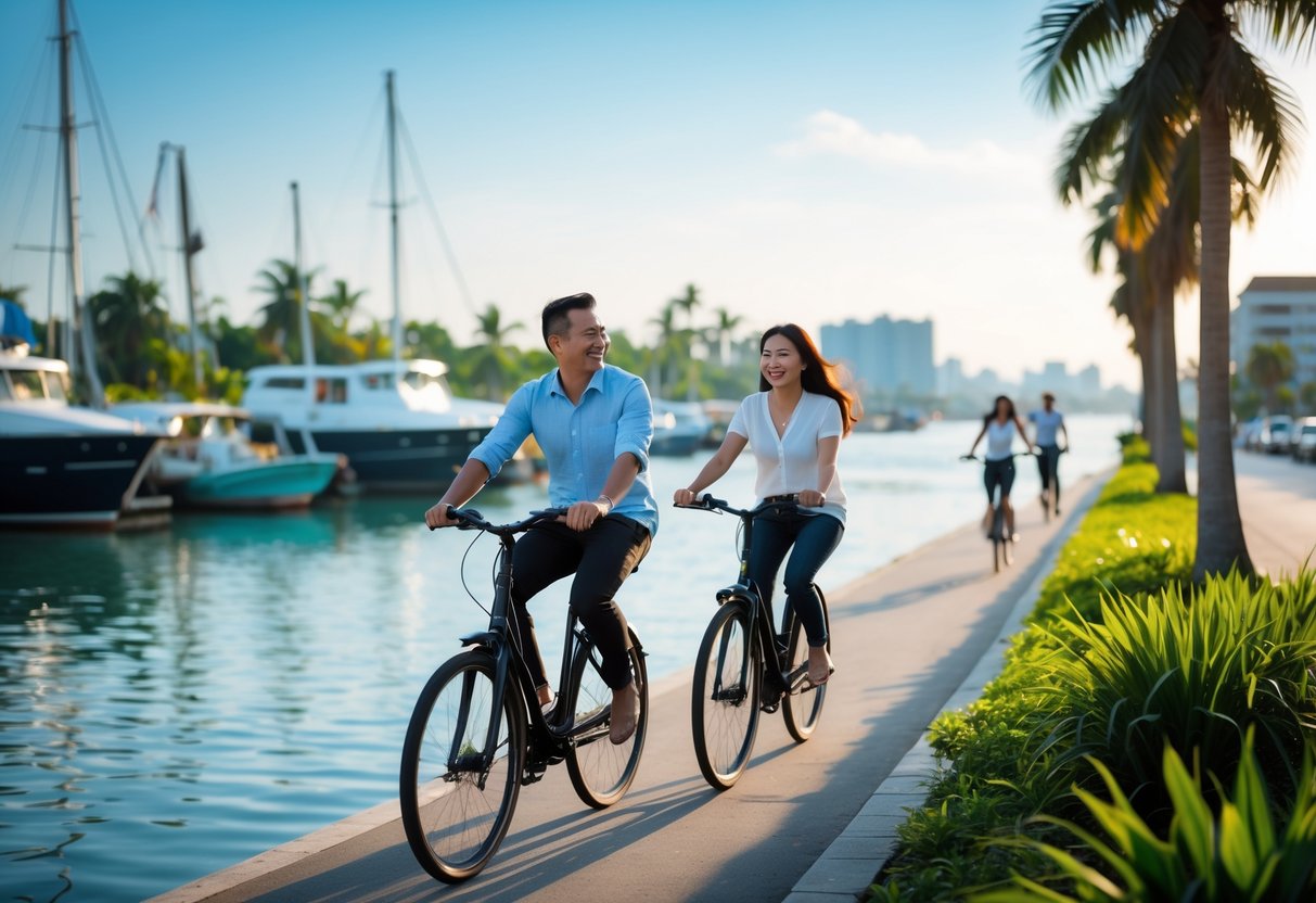 A couple riding bicycles along a waterfront path with boats and palm trees in the background.
