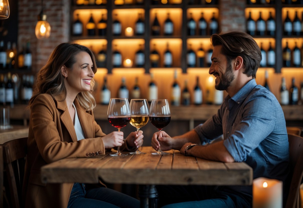 A couple enjoying wine together at a wooden table in a cozy local wine bar.
