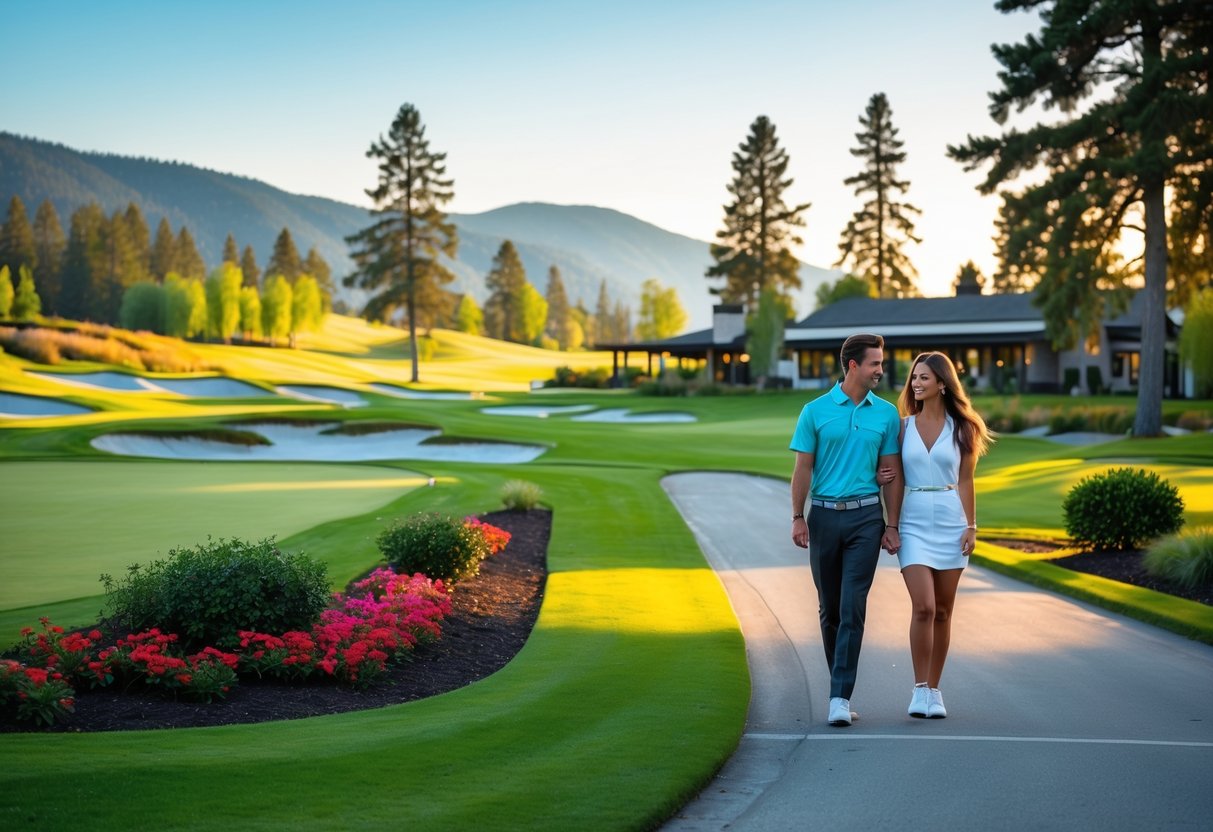 A young couple walking together on a golf course path with trees and a clubhouse in the background.