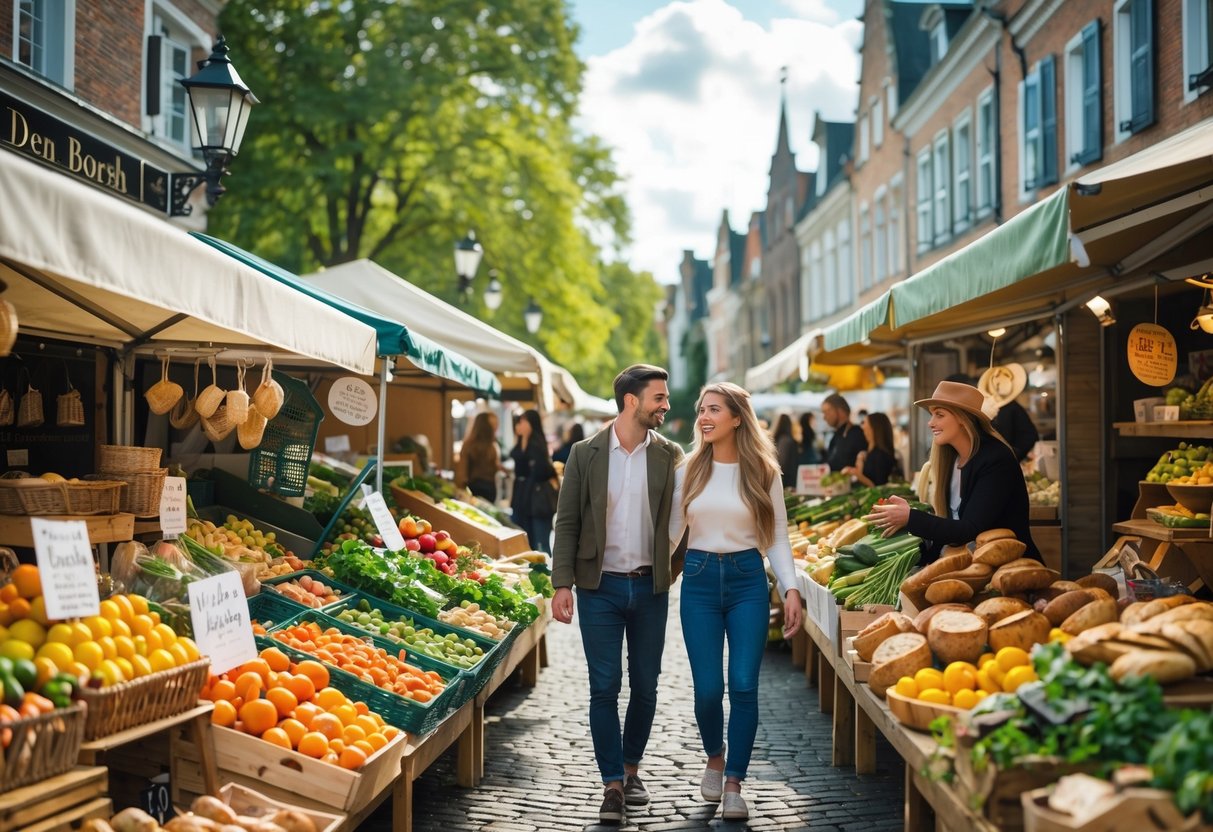 People enjoying a busy outdoor market with fresh local produce and historic buildings in the background.
