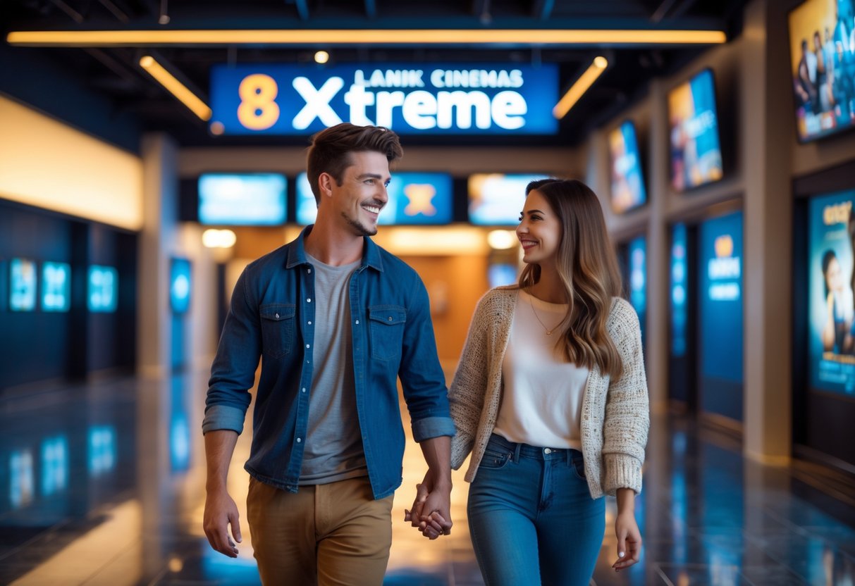 A couple holding hands and smiling while walking through a brightly lit movie theater lobby.