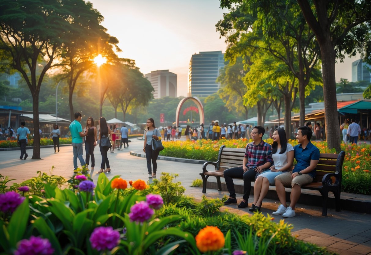 Couples enjoying a date and people walking in a green urban park with trees and buildings in the background at sunset.