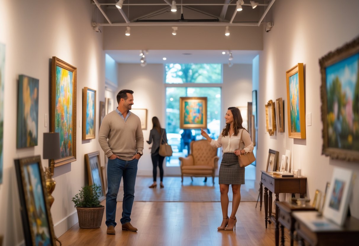 A couple browsing paintings inside an art gallery, looking at artwork together and smiling.