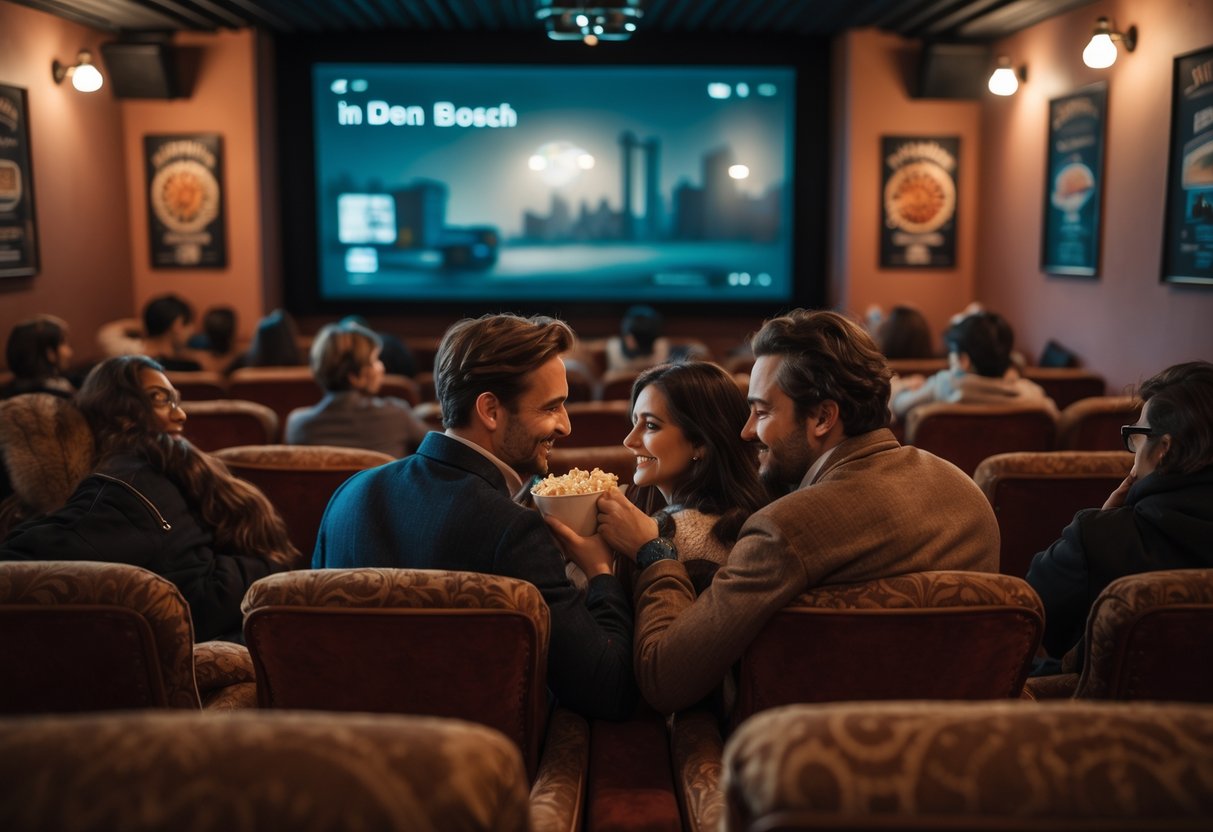 A couple watching a film together in a small, cozy cinema with warm lighting and vintage seats.