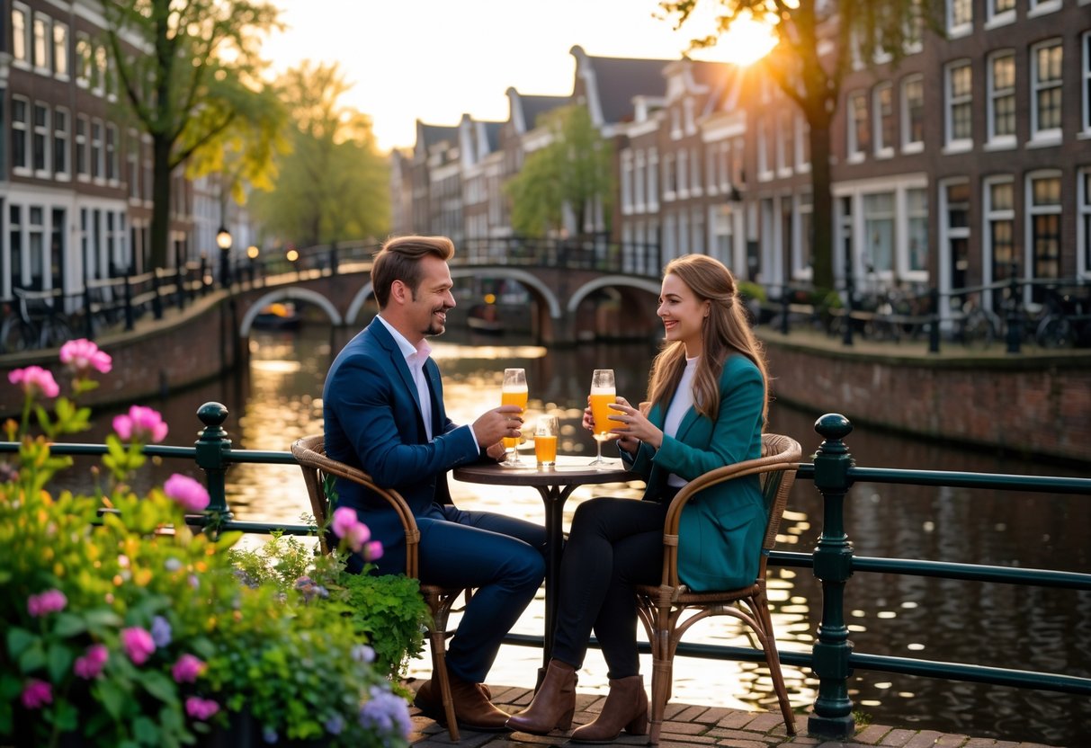 A couple enjoying a romantic outdoor date by the canals of Den Bosch with historic buildings and a small café in the background.
