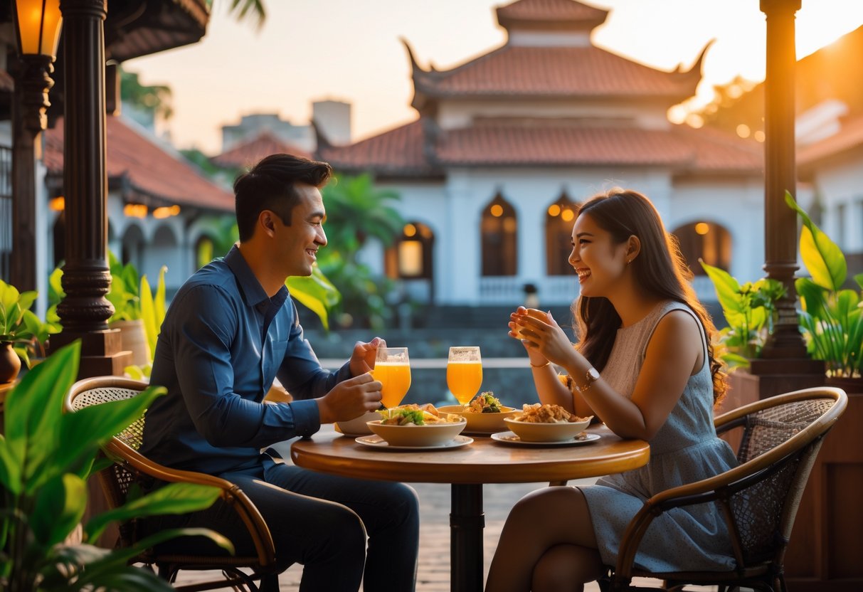 A young couple sitting at an outdoor café table near historic buildings in Semarang, smiling and enjoying a date together.