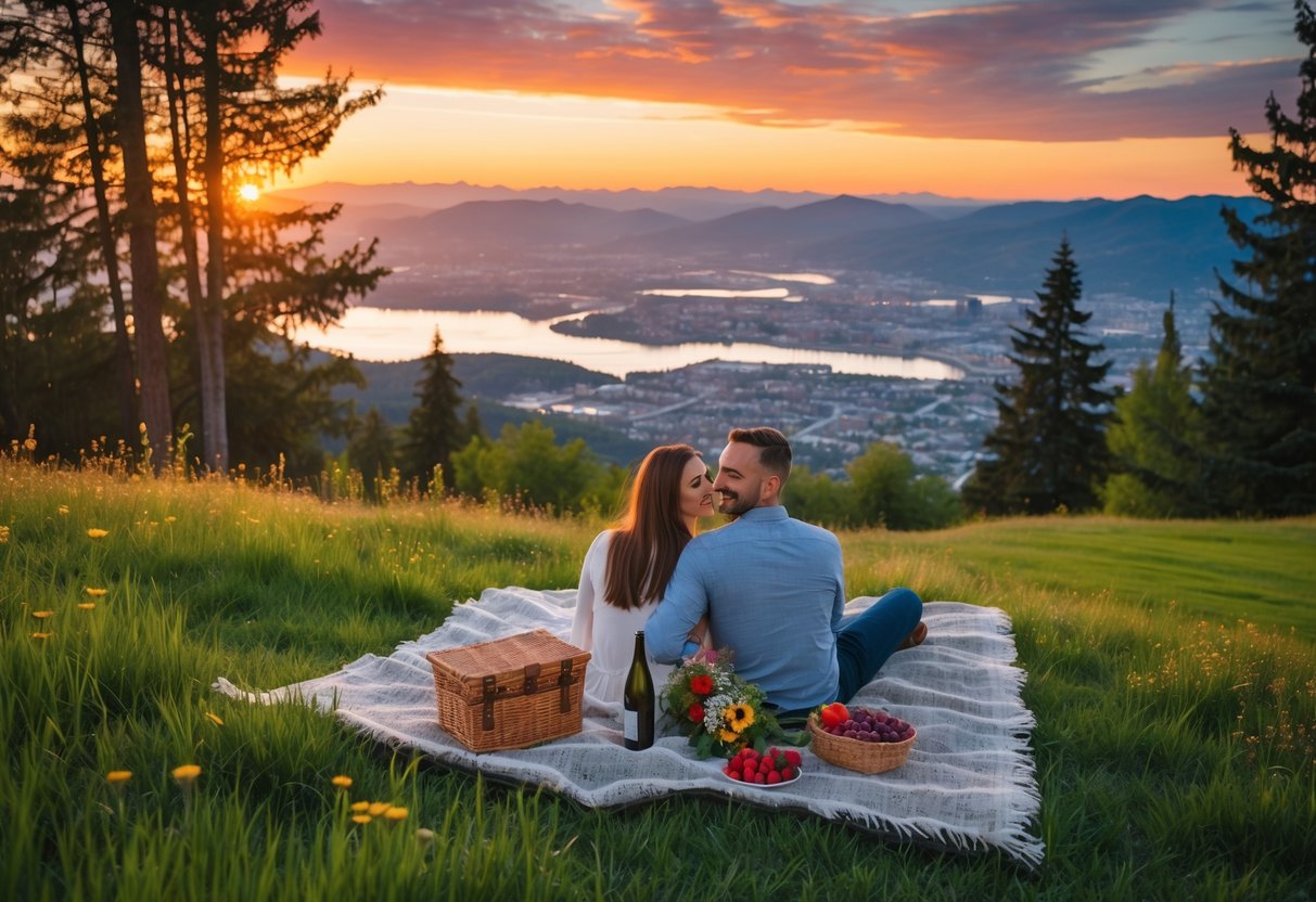 A couple enjoying a sunset picnic on a hill overlooking a city and lake, surrounded by trees and wildflowers.