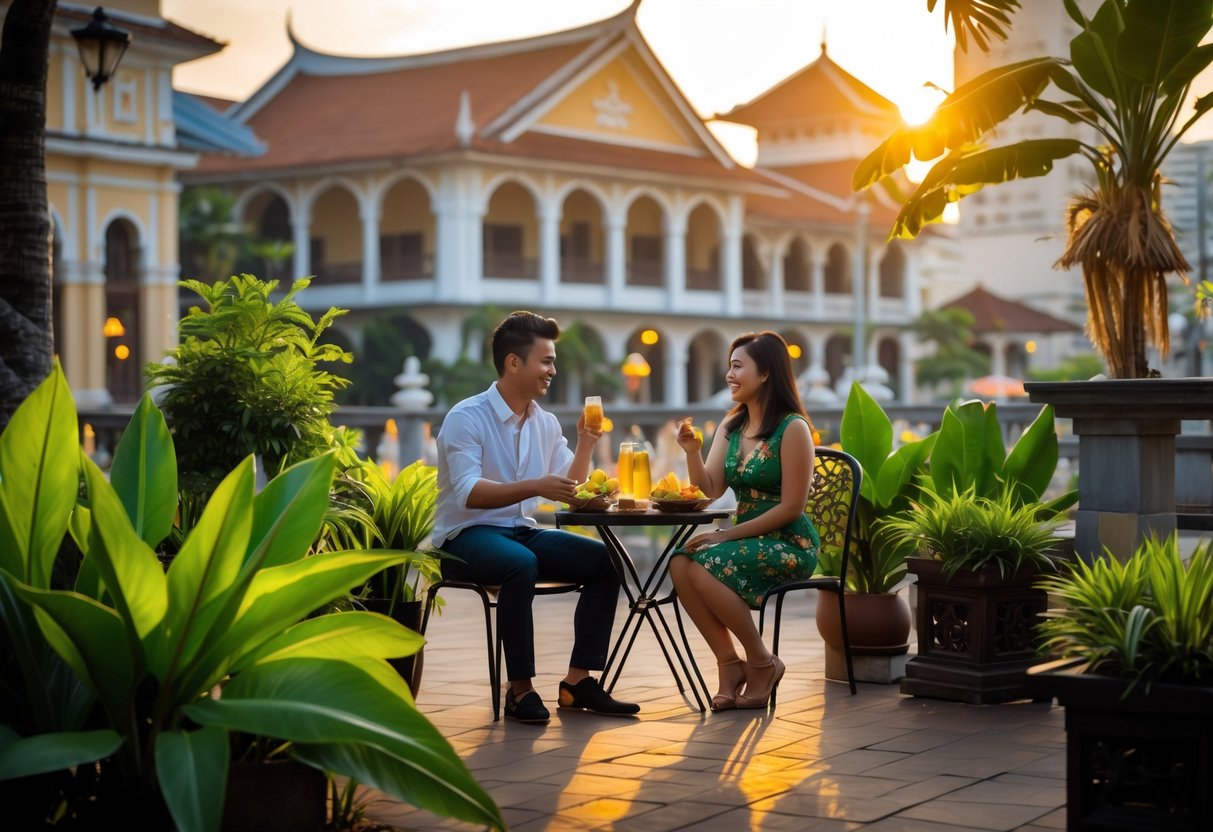 A young couple enjoying a romantic outdoor date near a historic building surrounded by greenery in Semarang.