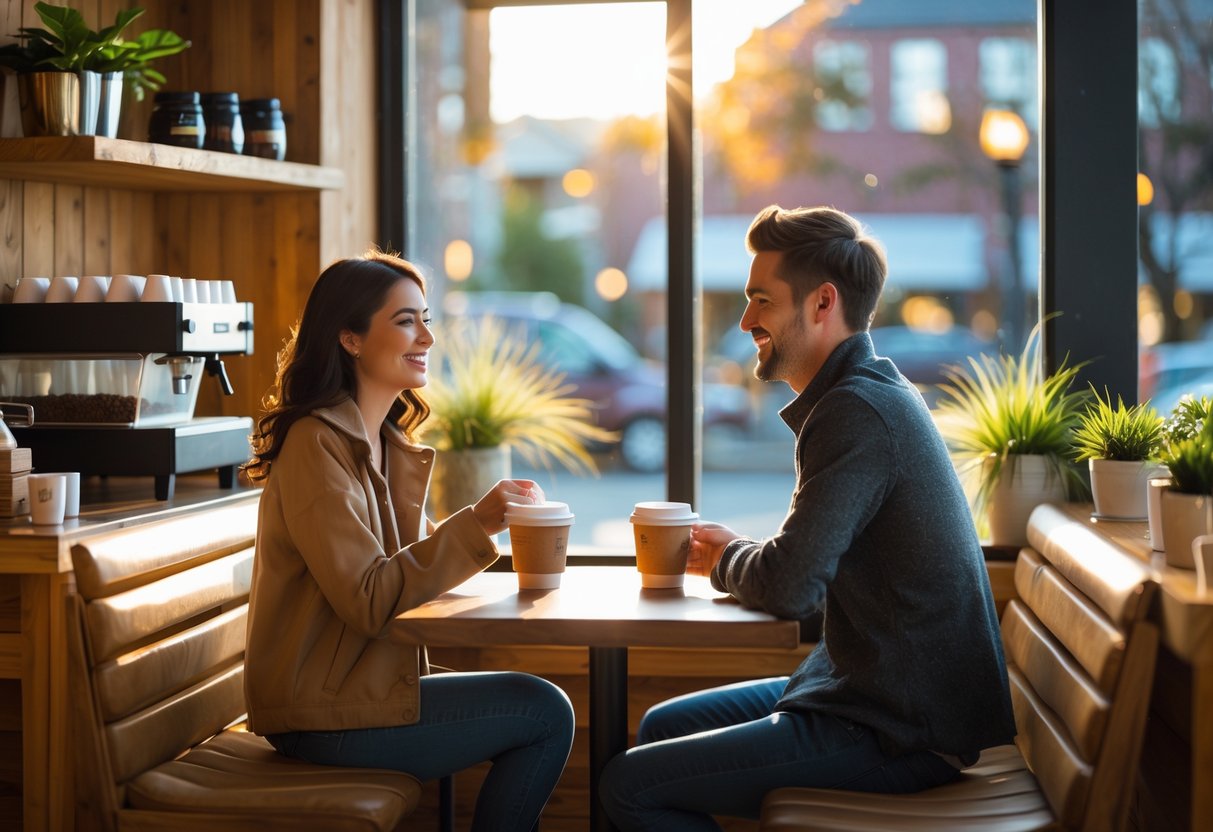 A young couple enjoying coffee together at a cozy café table near a window.