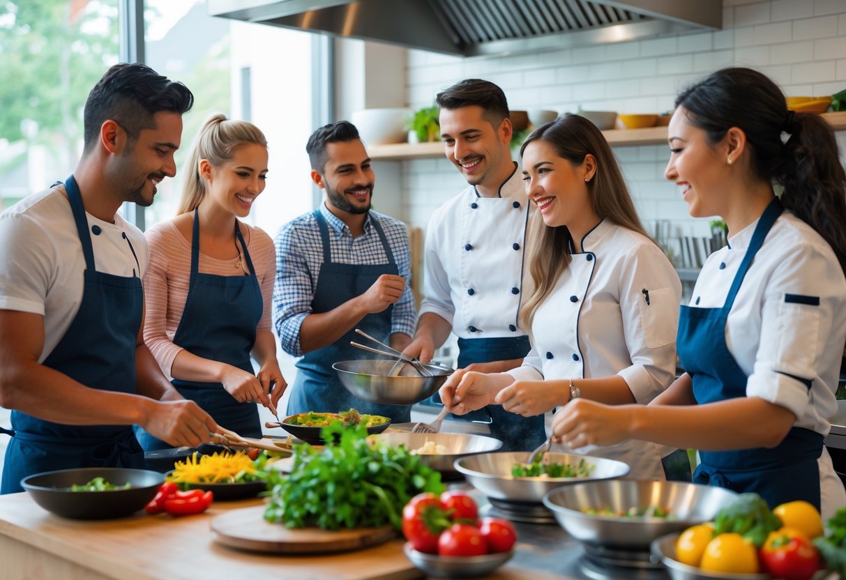 A group of young adults cooking together in a bright kitchen studio, guided by a chef instructor.