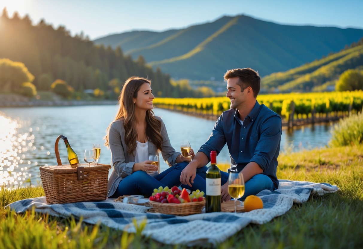 A young couple enjoying a picnic by a lake with vineyards and hills in the background during sunset.