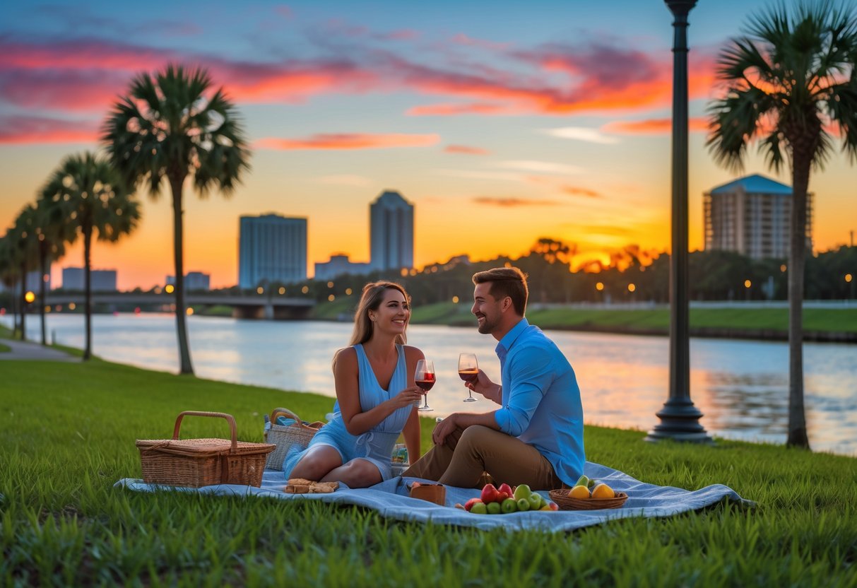 A young couple having a picnic by the river in a park with palm trees and city skyline at sunset.
