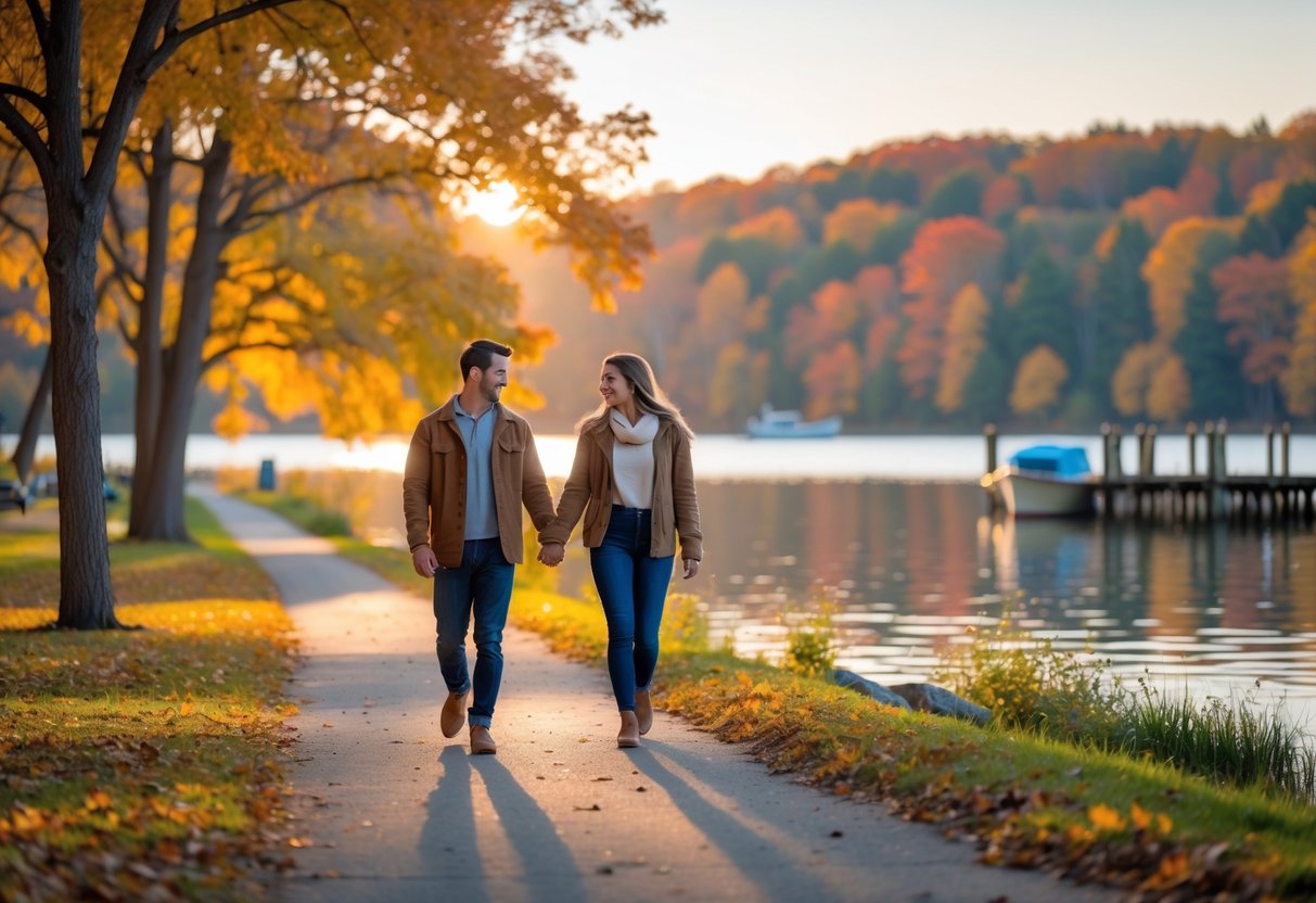 A couple walking hand-in-hand along a lakeside park with colorful autumn trees and a wooden pier in the background during sunset.