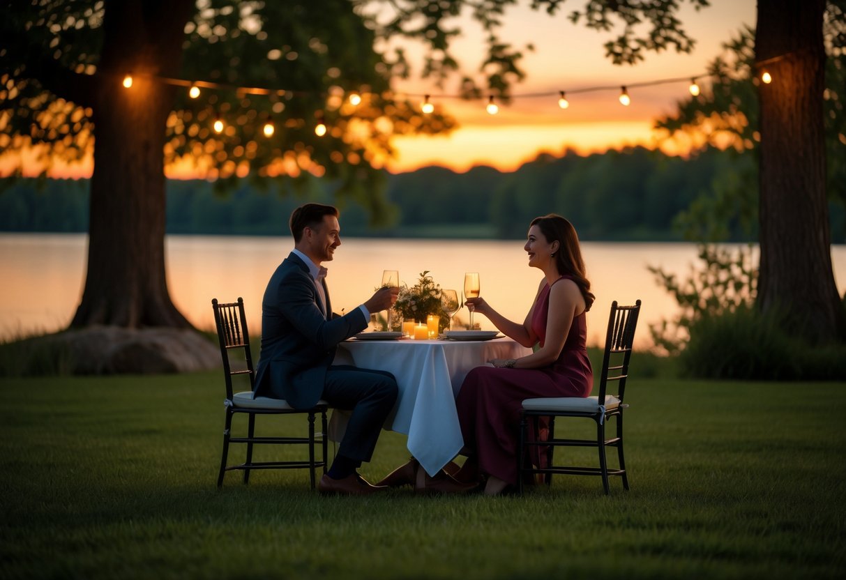 A couple enjoying a romantic outdoor dinner at a table in a park near a lake during sunset.