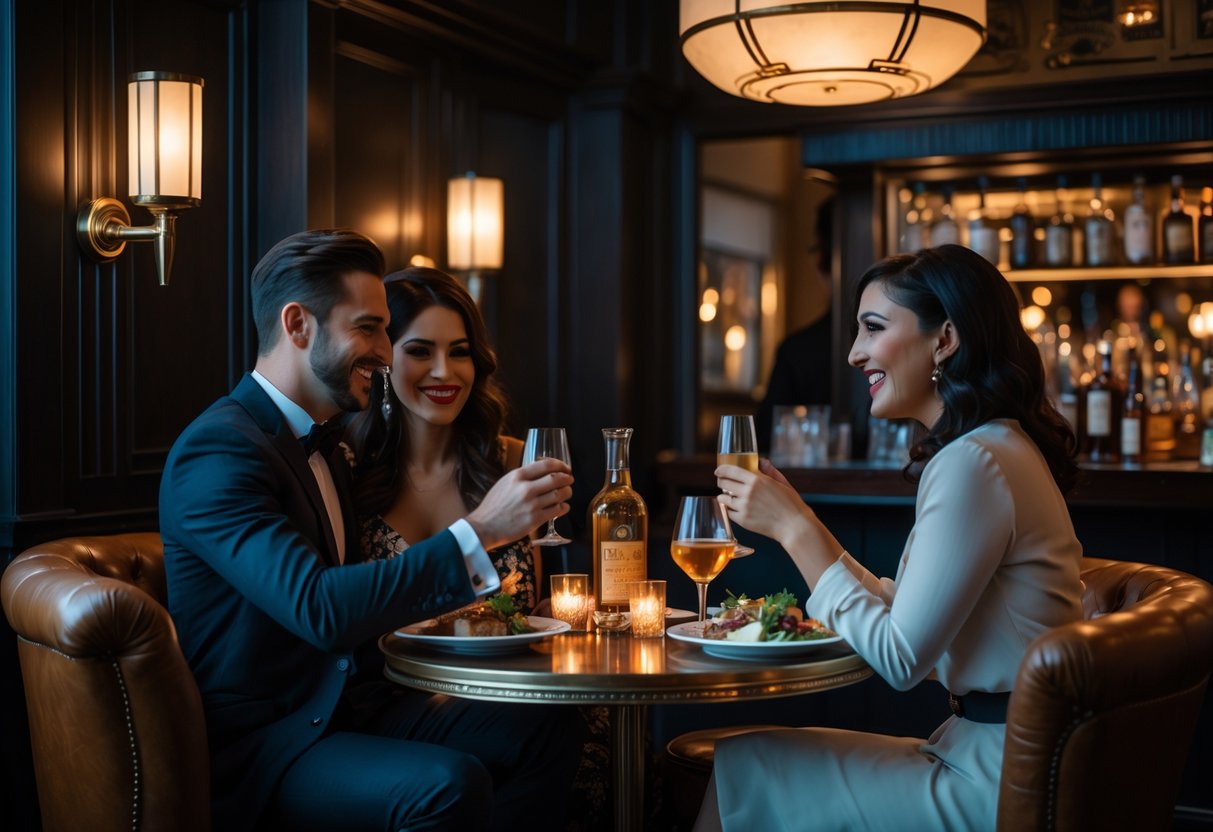 A couple enjoying a cozy dinner together at a vintage-style speakeasy with warm lighting and elegant decor.